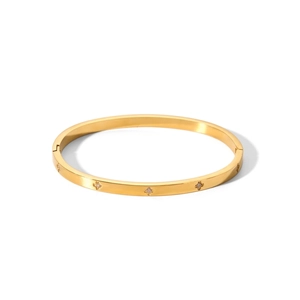 Detailed view of gold plated titanium steel bracelet with star cubic zirconia inlay and dimensions