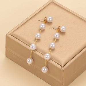 Elegant White Faux Artificial Pearl Tassel Drop Earrings Long Gold Tone Metal Chain For Women Versatile Convertible Fashion Jewelry