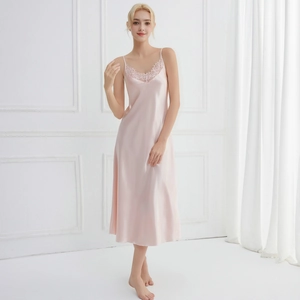 Elegant champagne silk V-neck nightgown with delicate lace trim for women at home