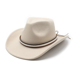 Beige wool felt western cowboy hat with star pattern band and brown leather chin strap