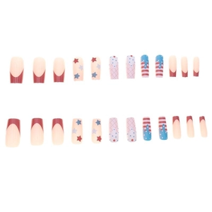 Independence Day press-on nails with red French tips, stars and stripes pattern