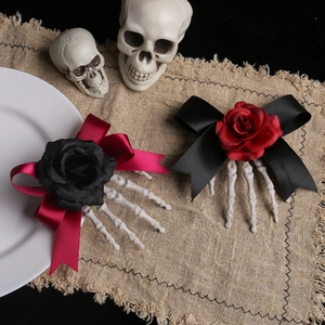 Gothic skeleton hand hair clip with red rose and black bow for Halloween party accessory