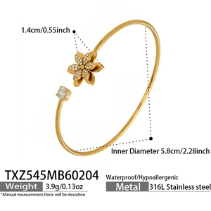 Dettaglio del bracciale a fiore in acciaio inossidabile con misure e specifiche tecniche