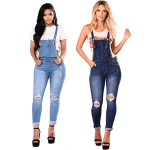 Women Ripped Denim Overalls Slim Fit Stretchy Jumpsuits Distressed Cotton Blend Long Pants Casual