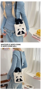 Cute plush panda crossbody bag with furry handle and panda face embroidery on front