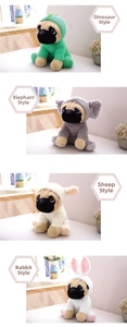 Detailed views of pug plushies in dinosaur, elephant, sheep, and rabbit costumes