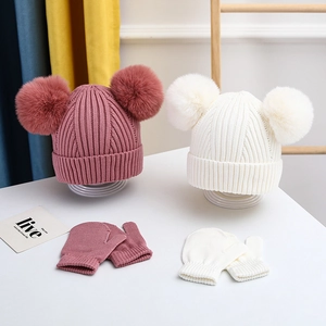Βρεφικό Παιδικό Χειμερινό Πλεκτό Σκουφάκι Γάντια Σετ Διπλό Πον Πον Ζεστό Σκουφάκι Σετ Ακρυλικό Τεχνητή Γούνα Αξεσουάρ