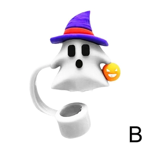 Detail of Halloween ghost straw topper with purple wizard hat and orange pumpkin lamp