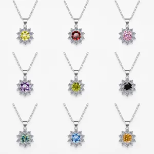 Zonnebloem Hanger Ketting S925 Sterling Zilver Moissanite Kleurrijke Ronde Edelsteen Fonkelende Sieraden Cadeau Vrouwen