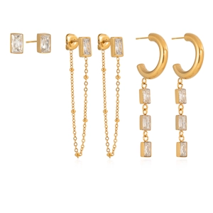 Three pairs of gold titanium steel earrings set with square cubic zirconia and tassels