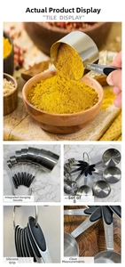 Detail of 8-piece stainless steel measuring cups with non-slip silicone handles and rings