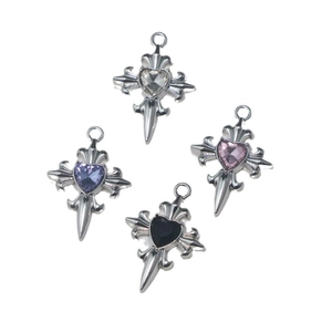 Alloy cross heart charms with rhinestones in four colors for DIY jewelry making