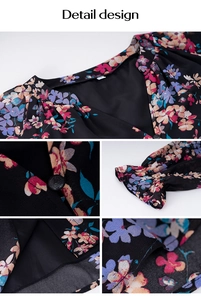 Dettagli della camicia floreale da donna con scollo a V, bottoni e polsini elastici