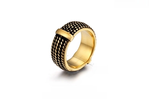 Detail showing 18K gold plated vintage ring with 9mm width and unique textured surface