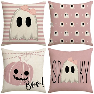 Pink Halloween throw pillow covers with cute ghost and pumpkin prints for home decor