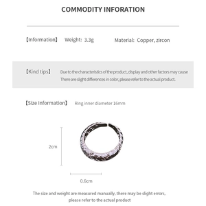 Detailed size specifications for the vintage twisted zircon open ring in copper