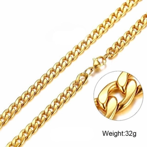 Golden titanium stainless steel Cuban link chain necklace with lobster clasp, weight 32g
