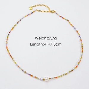 Detailed view of colorful beaded necklace with white pearl and 41+7.5cm length specs