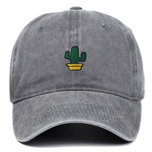 Washed grey cotton baseball cap featuring green cactus embroidery and a vintage curved brim