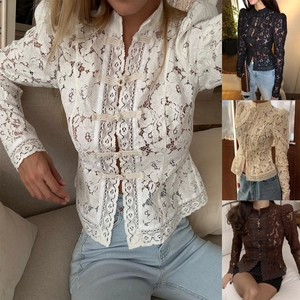 Blusa De Encaje Cuello Alto Botón De Rana Chino Retro Manga Larga Ajuste Delgado Elegante Camisa Vintage De Estilo Chino