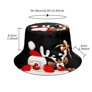 Christmas bucket hat with Santa print and size details for 56-58cm head circumference