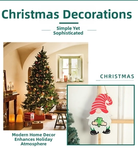 Detail of Christmas gnome ornament with striped red hat and green clover on a tree