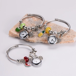Adjustable stainless steel quartz watch bracelet with colorful fruit and heart charms