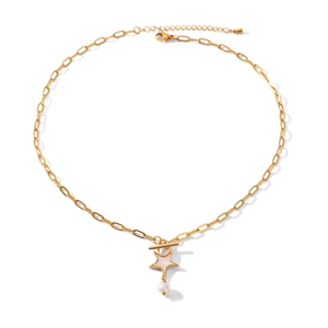 Elegant gold paperclip link necklace featuring a white star pendant and a single white pearl
