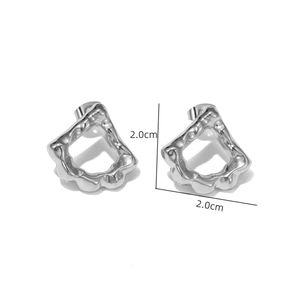 Detail view of silver geometric earrings with wavy texture measuring 2.0cm x 2.0cm