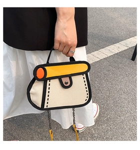 Detail of 2D cartoon style canvas handbag with yellow flap and black chain strap