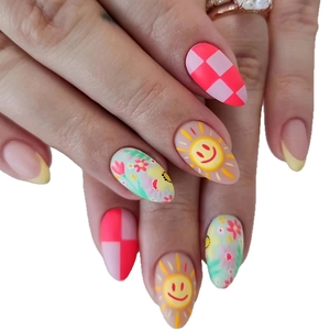 Medium almond press-on nails with colorful hand-painted checkered and floral designs