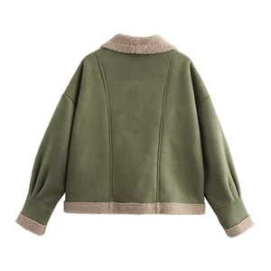 Detail view of the olive green suede jacket back featuring beige faux shearling trim