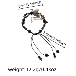 Detailed dimensions of handmade beaded butterfly bracelet with black and grey textured beads