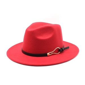 Classic red wool fedora hat with flat brim and black leather band with gold metal buckle