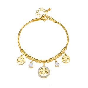 Gold tree of life charm bracelet with sparkling rhinestones and adjustable chain