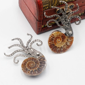 Vintage Octopus Brooch Pendant Dual Use Natural Shell Ammonite Fossil Silver Tone Alloy Sea Creature Jewelry For Women Men