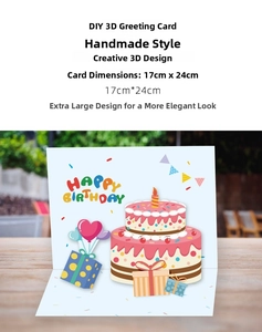 Detail view showing a 17x24cm 3D pop-up birthday card with a pink cake and heart balloons