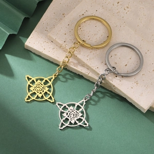 Stainless steel rose pendant keychains in gold and silver finish with geometric frame