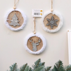 Christmas Hanging Ornaments Wooden Round Pendants With Faux Fur Edge And Silver Glitter Icons For Holiday Home Decoration