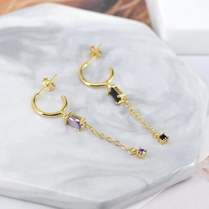 S925 silver needle tassel earrings with asymmetric purple and black zircon pendants