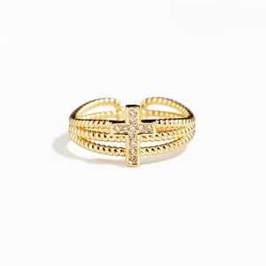 Elegant gold S925 sterling silver triple-layer cross ring with sparkling zircon stones