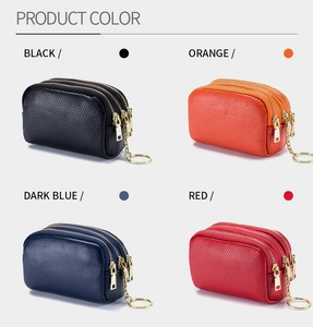 Mini leather coin purse set in four colors with triple zippers and gold key rings