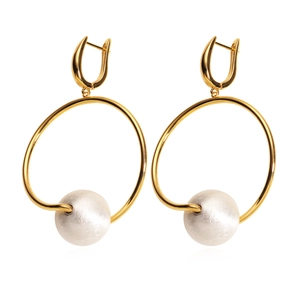 Elegant 18K gold plated hoop earrings with large white matte pearls on white background