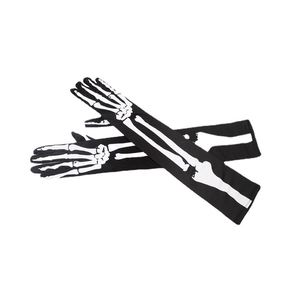 Schwarze lange Polyester Skeletthandschuhe für Halloween Cosplay Kostüme auf weißem Grund