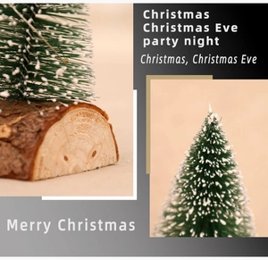 Detailed close-up of mini snow-covered Christmas tree with natural wood base and LED lights