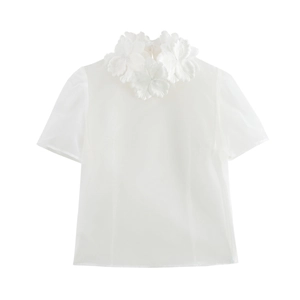 Women White Organza Blouse Short Sleeve Top With 3D Flower Applique Semi Transparent Sweet Summer Shirt For Ladies
