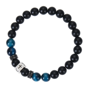 Close-up of 8mm tiger eye beads and black lava stone bracelet with silver cross charm