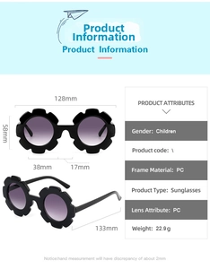 Detailed dimension chart showing frame width and lens size of flower kids sunglasses