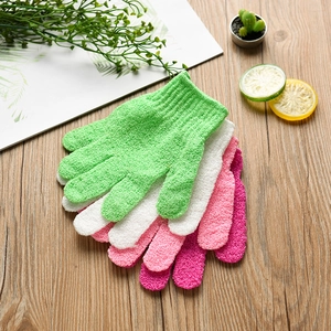 Pack of four colorful five-finger nylon exfoliating bath gloves in green pink and white