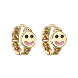 18K gold plated smiling face hoop earrings with chain texture and pink enamel